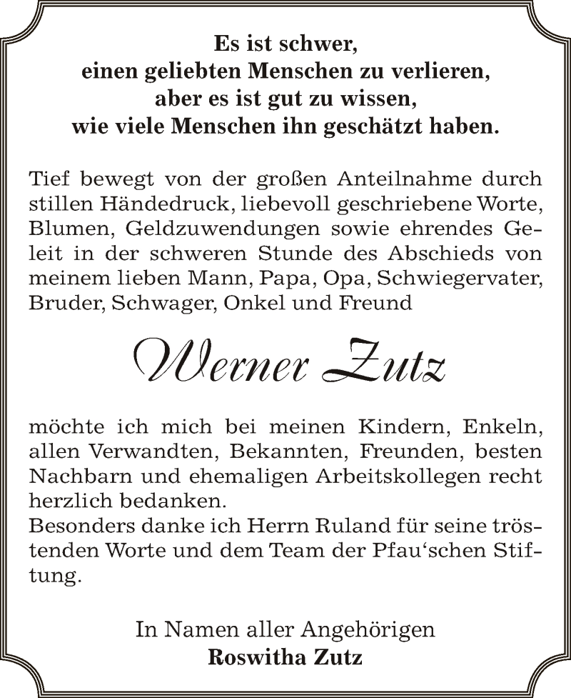  Traueranzeige für Werner Zutz vom 26.10.2014 aus Super Sonntag Bernburg