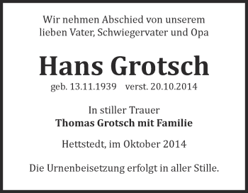 Traueranzeige von Hans Grotsch von Super Sonntag SGH Mansf. Land