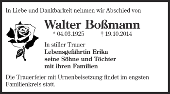 Traueranzeige von Walter Boßmann von Super Sonntag Bernburg