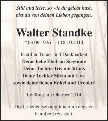 Traueranzeige von Walter Standke von Super Sonntag Merseburg