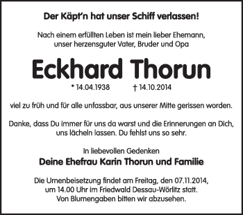 Traueranzeige von Eckhard Thorun von Super Sonntag Dessau / Köthen