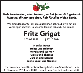 Traueranzeige von Fritz Grigat von WVG - Wochenspiegel Wittenberg