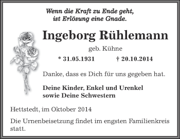 Traueranzeige von Ingeborg Rühlemann von Wochenspiegel Mansfelder Land