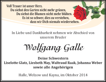 Traueranzeige von Wolfgang Galle von Super Sonntag Zeitz