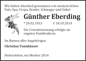 Traueranzeige von Günther Eberding von WVG - Wochenspiegel Quedlinburg
