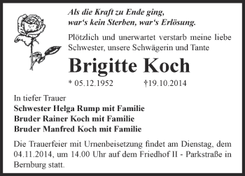 Traueranzeige von Brigitte Koch von Super Sonntag Bernburg