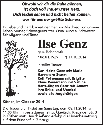 Traueranzeige von Ilse Genz von Super Sonntag Dessau / Köthen