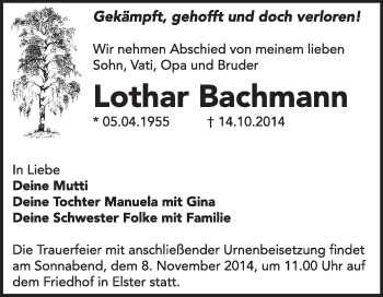 Traueranzeige von Lothar Bachmann von WVG - Wochenspiegel Wittenberg