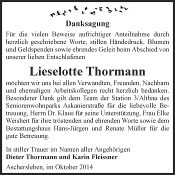 Traueranzeige von Lieselotte Thormann von WVG - Wochenspiegel Aschersleben