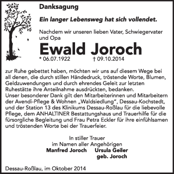 Traueranzeige von Ewald Joroch von Super Sonntag Dessau / Köthen