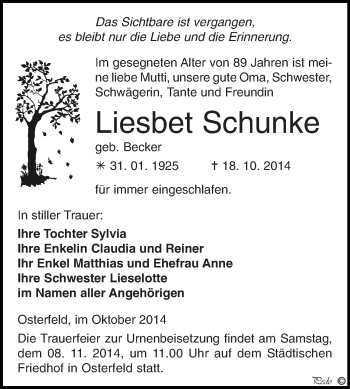 Traueranzeige von Liesbet Schunke von Super Sonntag Zeitz