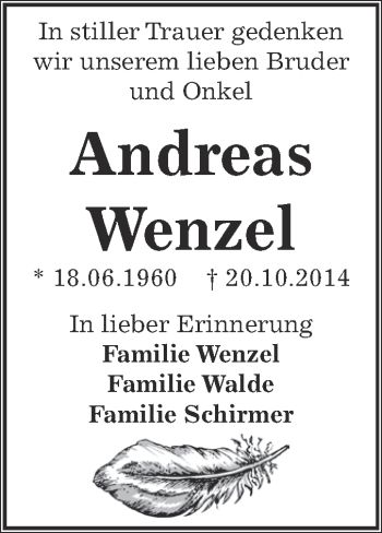 Traueranzeige von Andreas Wenzel von Super Sonntag Zeitz
