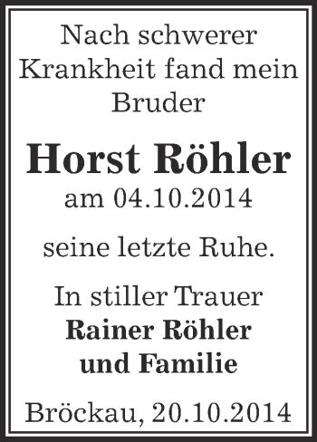 Traueranzeige von Horst Röhler von Super Sonntag Zeitz