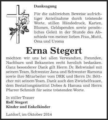 Traueranzeige von Erna Stegert von Super Sonntag Bernburg