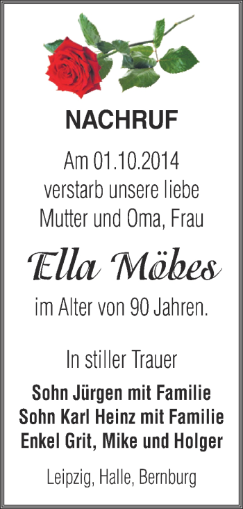 Traueranzeige von Ella Möbes von Super Sonntag Bernburg