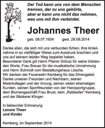 Traueranzeige von Johannes Theer von Super Sonntag Wittenberg