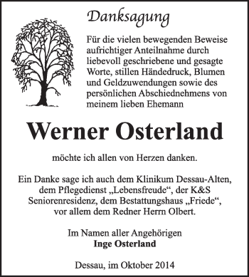Traueranzeige von Werner Osterland von Super Sonntag Dessau / Köthen