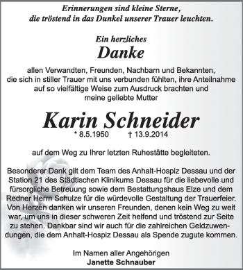 Traueranzeige von Karin Schneider von Super Sonntag Dessau / Köthen