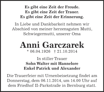 Traueranzeige von Anni Garczarek von Super Sonntag Bernburg