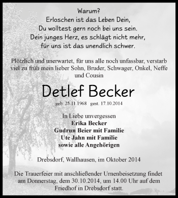 Traueranzeige von Detlef Becker von Super Sonntag SGH Mansf. Land