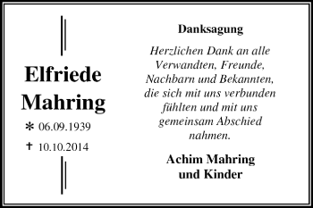 Traueranzeige von Elfriede Mahring von Super Sonntag Dessau / Köthen