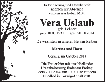 Traueranzeige von Vera Uslaub von Super Sonntag Wittenberg