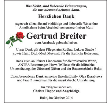 Traueranzeige von Gertrud Breiter von Super Sonntag Wittenberg