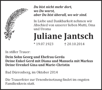 Traueranzeige von Juliane Jantsch von Super Sonntag Merseburg