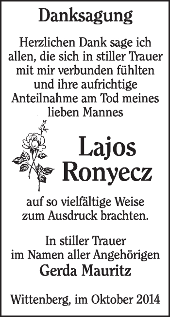Traueranzeige von Lajos Ronyecz von Super Sonntag Wittenberg