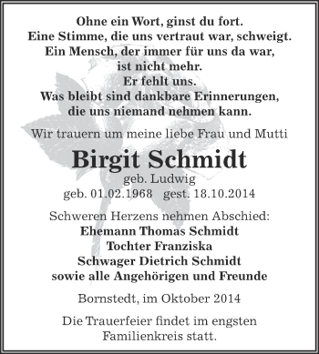 Traueranzeige von Birgit Schmidt von Super Sonntag SGH Mansf. Land
