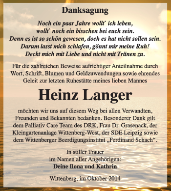 Traueranzeige von Heinz Langer von WVG - Wochenspiegel Wittenberg