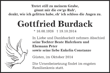Traueranzeige von Gottfried Burdack von Super Sonntag Bernburg
