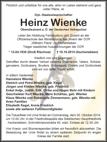 Traueranzeige von Heinz Wienke von Super Sonntag Aschersleben