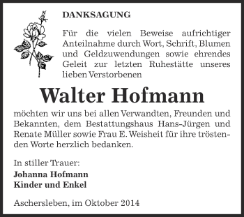 Traueranzeige von Walter Hofmann von WVG - Wochenspiegel Aschersleben
