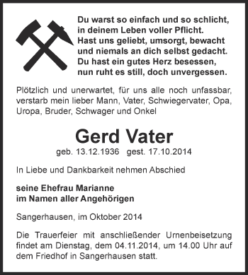 Traueranzeige von Gerd Vater von Super Sonntag SGH Mansf. Land