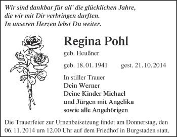 Traueranzeige von Regina Pohl von Super Sonntag Merseburg