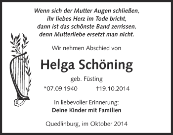 Traueranzeige von Helga Schöning von WVG - Wochenspiegel Quedlinburg