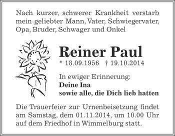 Traueranzeige von Reiner Paul von Super Sonntag SGH Mansf. Land
