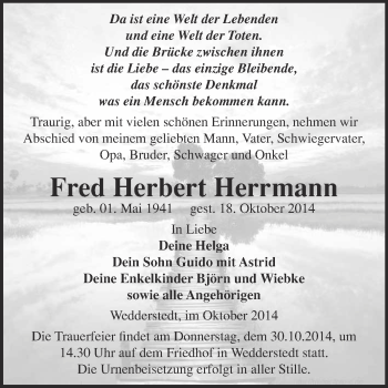 Traueranzeige von Herbert Herrmann von WVG - Wochenspiegel Quedlinburg