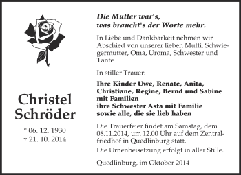 Traueranzeige von Christel Schröder von WVG - Wochenspiegel Quedlinburg