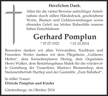 Traueranzeige von Gerhard Pomplun von WVG - Wochenspiegel Quedlinburg