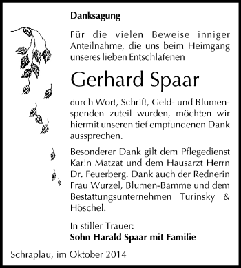 Traueranzeige von Gerhard Spaar von WVG - Wochenspiegel Halle