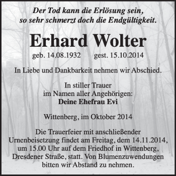 Traueranzeige von Erhard Wolter von WVG - Wochenspiegel Wittenberg