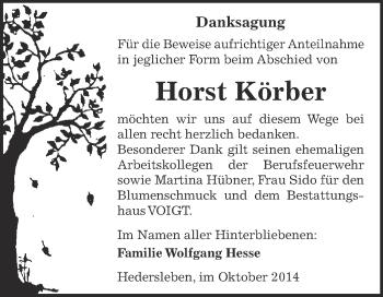 Traueranzeige von Horst Körber von Wochenspiegel Mansfelder Land