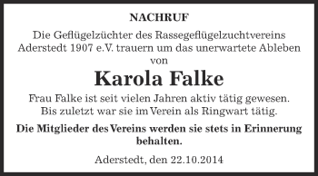 Traueranzeige von Karola Falke von Super Sonntag Bernburg