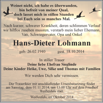 Traueranzeige von Hans-Dieter Lohmann von WVG - Wochenspiegel NMB / WSF / ZTZ
