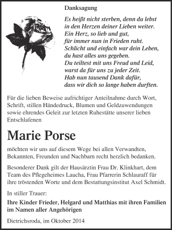Traueranzeige von Marie Porse von WVG - Wochenspiegel NMB / WSF / ZTZ