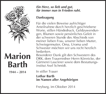 Traueranzeige von Marion Barth von WVG - Wochenspiegel NMB / WSF / ZTZ