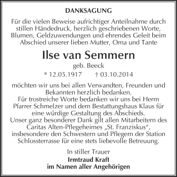 Traueranzeige von Ilse van Semmern von WVG - Wochenspiegel NMB / WSF / ZTZ