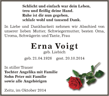 Traueranzeige von Erna Voigt von Super Sonntag Zeitz